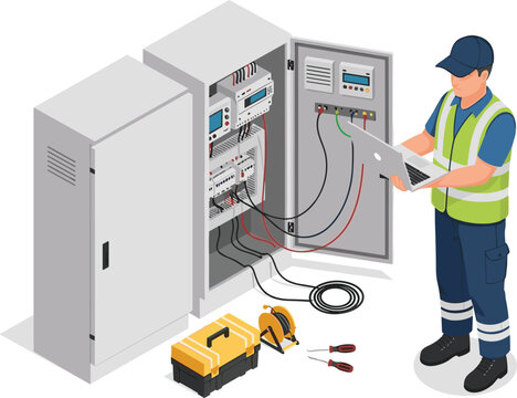Electrical technician fixing a PLC control cabinet in a smart factory, isometric isolated cartoon