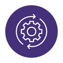 Revolving gear within purple circle. Icon symbol illustration