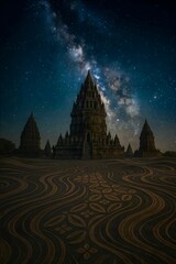 Prambanan Temple Under the Milky Way with Flowing Batik Kawung Motifs.