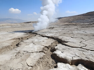Dry cracked soil with steam or vapor rising from fissure in barren landscape under clear blue sky, showing natural geothermal activity and earth surface cracks