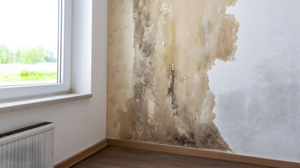 Mold growth behind wallpaper causes unseen damage on interior wall near window and radiator in home, showing moisture and decay with brown and black stains