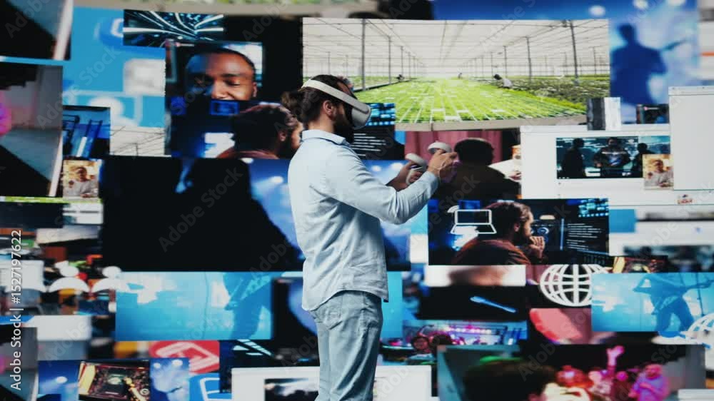 Poster high tech person uses virtual reality headset for a 3d web design, showcasing artificial intelligenc