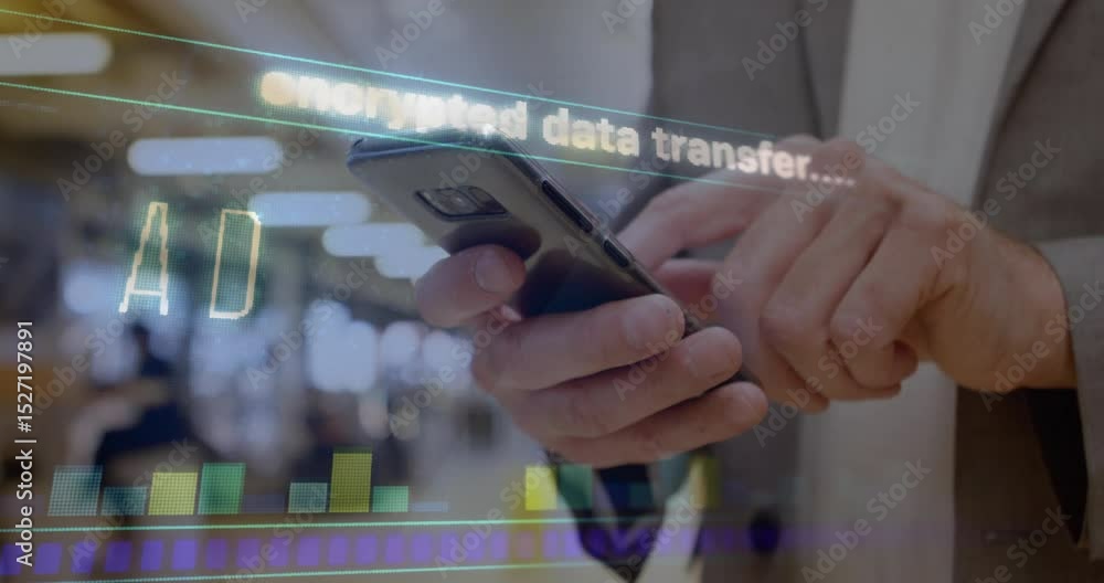 Poster it admin tapping smartphone screen in open office, activating encrypted transfer ui with bar charts