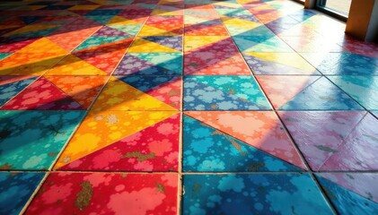 Fototapeta premium Geometric tile floor design in vibrant colors, decor, ceramic tile, stone