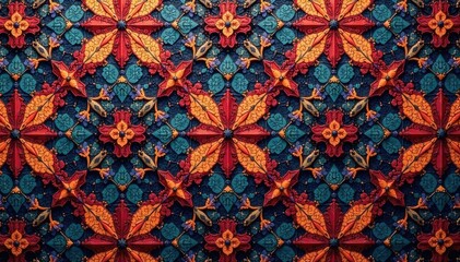 Geometric tapestry pattern, rich color palette, repeating design, decor, elegant