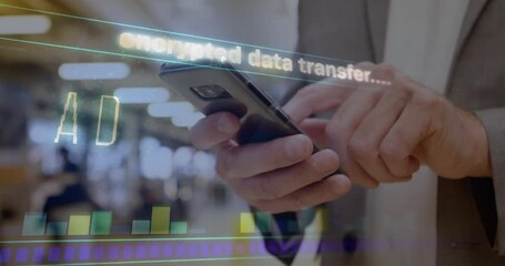 IT admin tapping smartphone screen in open office, activating encrypted transfer UI with bar charts - Powered by Adobe