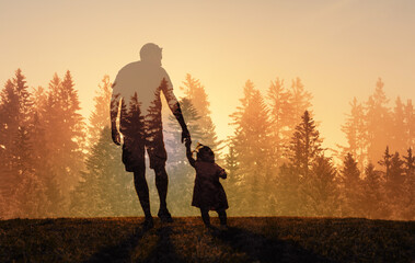 Loving father child holding hand walking together in nature forests,  Child care, fatherhood, 