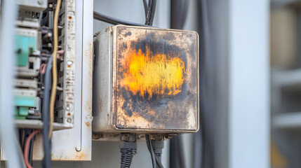 Burnt electrical switchgear box with visible thermal leakage hotspots and damaged surface, indicating electrical fault and safety hazard in industrial setting