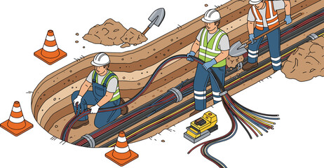 Obraz premium underground electric fiber optic cable wiring construction engineering inspection and worker and technician working maintenance isometric isolated