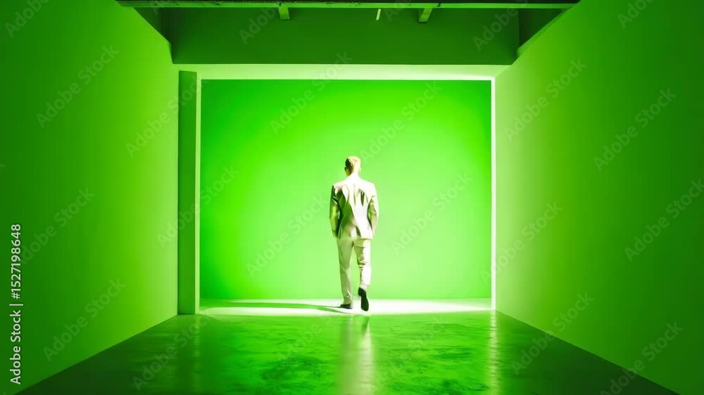 Poster man in dark room illuminated by green light surrounded by mysterious atmosphere and shadows