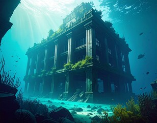 Custom AI Model, An ancient building is at the bottom of the water, 海底の建物