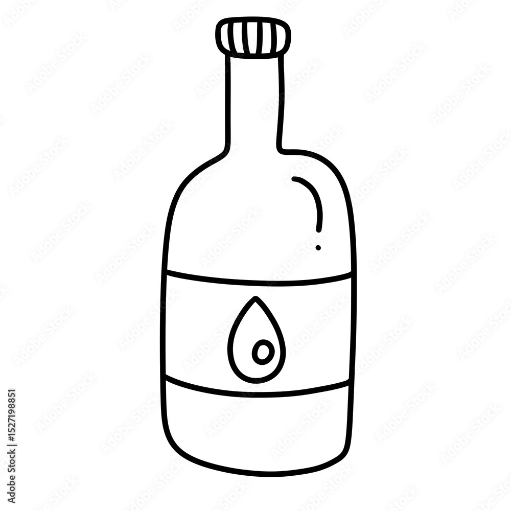 Poster simple illustration of bottle with label featuring droplet design. bottle is designed in minimalist 
