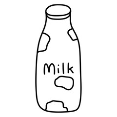 Simple illustration of milk bottle with cow pattern and word Milk written on it. This design evokes sense of freshness and simplicity, perfect for dairy related themes