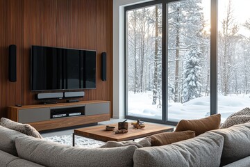 Obraz premium Stylish modern living room with large windows, gray sofa, wooden coffee table, and snowy landscape view in neutral tones