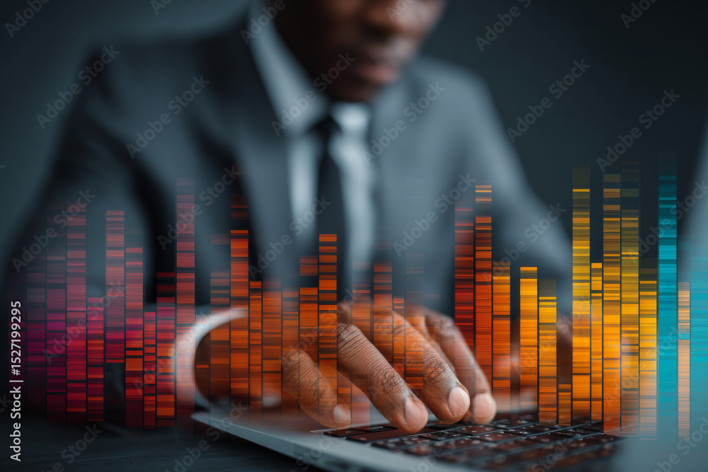 Poster businessman types on laptop with colorful graphs in background, symbolizing data analysis and busine