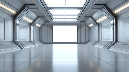 Obraz premium Futuristic empty corridor with metallic walls and bright lighting, featuring large illuminated window and sleek reflective floor, creating clean and modern atmosphere