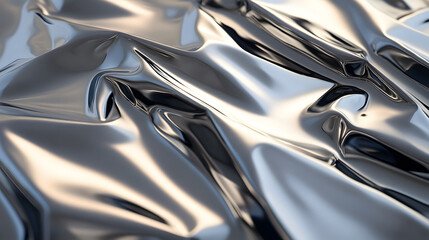 Warped shiny metal surface with smooth reflective texture and distorted folds creating abstract patterns and light reflections in silver tones