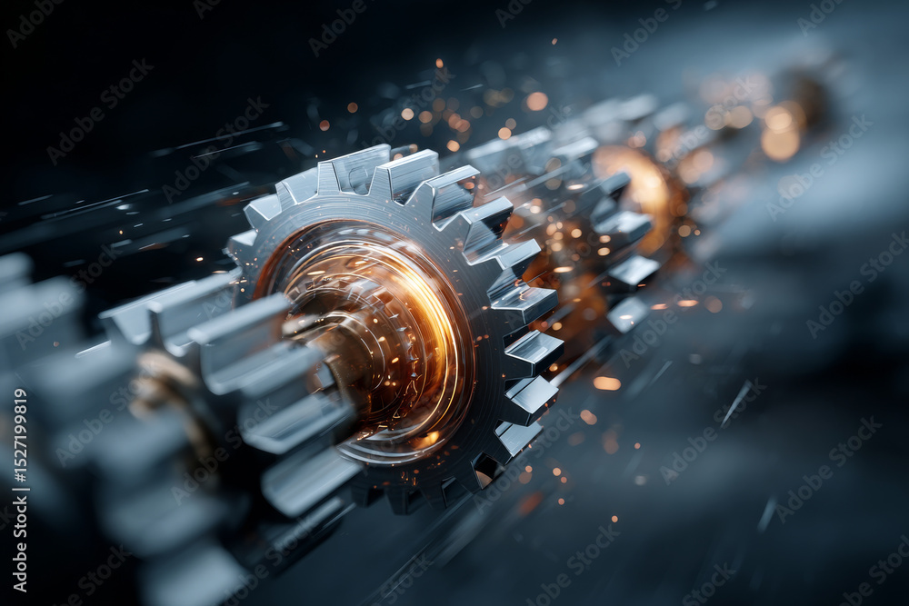 Poster series of metallic gears in motion with sparks flying, symbolizing mechanical process optimization a