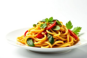 Stir-fried noodles with vegetables, white backdrop, instafood, dinner