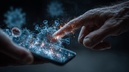 Holographic virus emerges from smartphone as hand interacts with it, symbolizing digital pandemic concerns