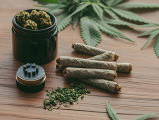 Cannabis buds in black container with pre rolled joints and grinder on wooden surface, surrounded by cannabis leaves, creating natural and relaxed atmosphere