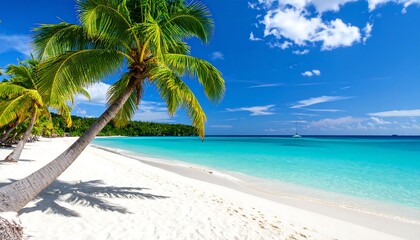 Naklejka premium Tropical Paradise: Idyllic Beach Scene with Lush Palm Trees and Turquoise Waters