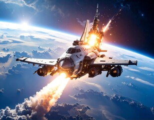 Naklejka premium Futuristic spaceship exploding in space above Earth