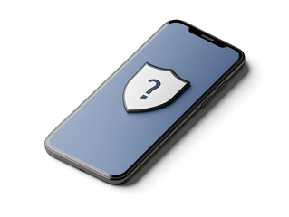 Smartphone with security shield and question mark on screen symbolizing digital protection uncertainty and cybersecurity risk concept