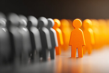 Orange figure stands out among gray figures, symbolizing individuality and uniqueness in lineup