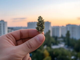 Close up of hand holding small cannabis bud with blurred cityscape and sunset sky in background, creating calm and peaceful atmosphere