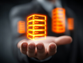 Glowing server icons hover above hand, symbolizing IT infrastructure and technology