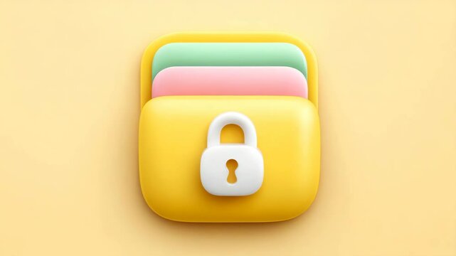 A 3D illustration of a yellow file folder with colorful tabs secured by a white padlock, symbolizing data protection.