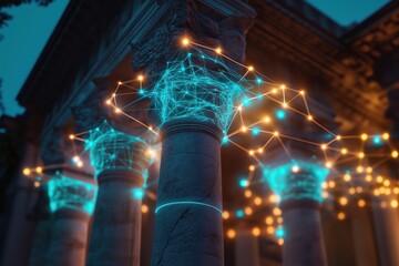 Ancient Columns Connected by Glowing Digital Network - Technology AI