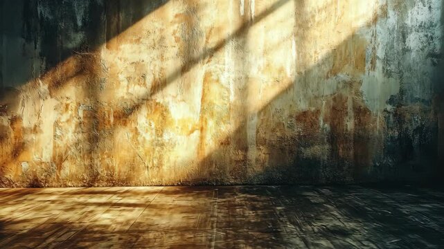 Grungy room with textured wall, light streaks and wood floor