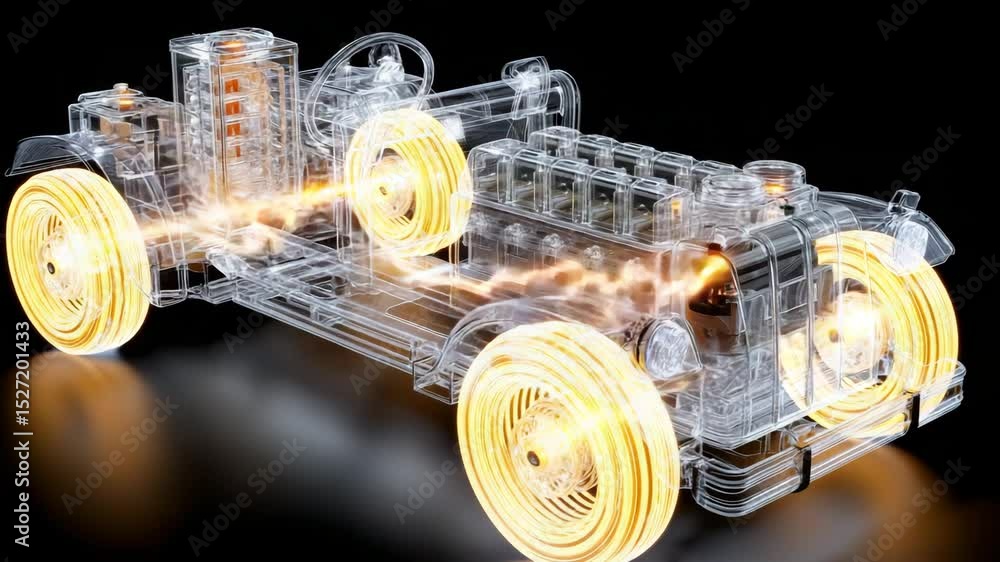 Poster a transparent car model displaying internal engine components and electrical flow, set against a bla