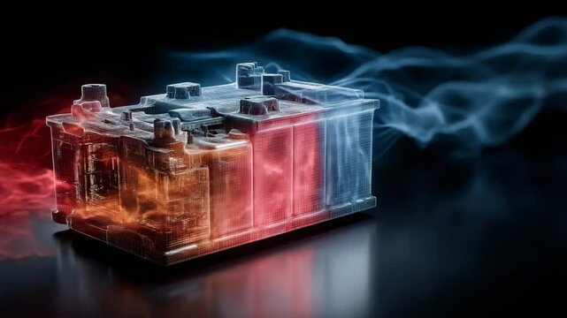 A car battery is visually depicted with contrasting hot and cold thermal effects, highlighting temperature management.