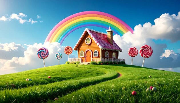 Candyland Cottage: A whimsical illustration of a gingerbread house nestled on a vibrant green hill, adorned with lollipops and a rainbow backdrop.
