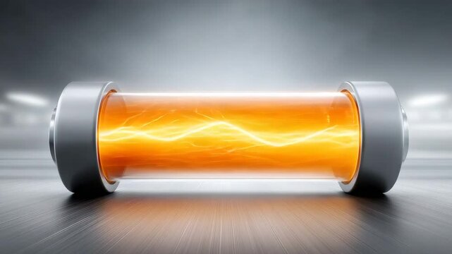 A futuristic glowing battery with visible electric energy swirling inside on a metallic surface.