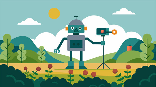 A robot equipped with a camera and sensors moves along the vines detecting disease and pests in realtime to prevent crop damage.. Vector illustration