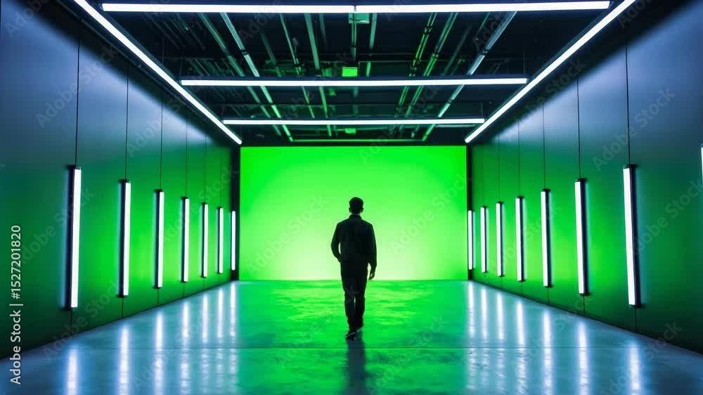 Poster man standing in a dark room with green lighting creating a mysterious and artistic atmosphere