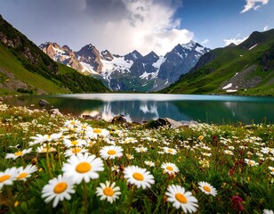 Alpine lake with wildflowers