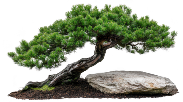 Elegant bonsai tree with PNG transparent background resting on a stone