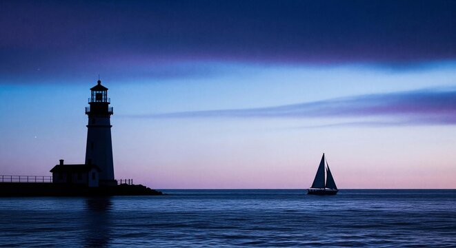 Lighthouse and sailboat on water at dusk. Serene marine landscape with navigation beacon and sailing boat. Travel and discovery concept.