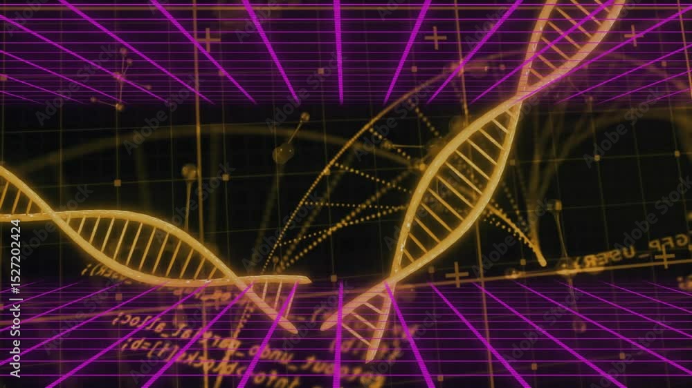 Poster starting on neon grid golden dna helix drifting among code text leaving particle trail showing data