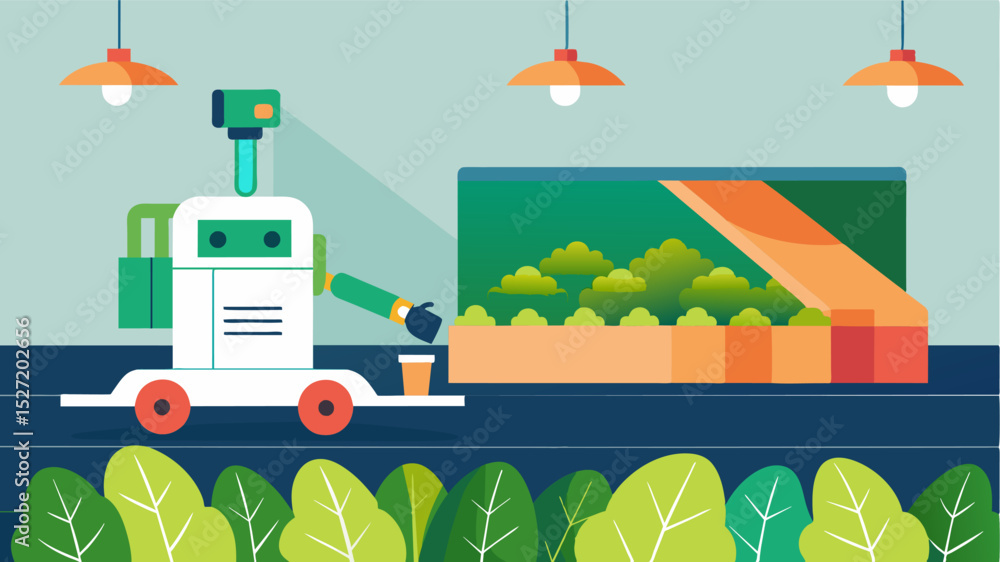 Poster as a robotic harvester glides through an indoor farm its advanced sensors detect and remove any weed