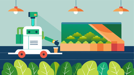 As a robotic harvester glides through an indoor farm its advanced sensors detect and remove any weeds or unwanted plants without the lettuce crop.. Vector illustration
