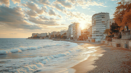 serene beach scene sunset with gentle waves lapping against shore, showcasing modern buildings
