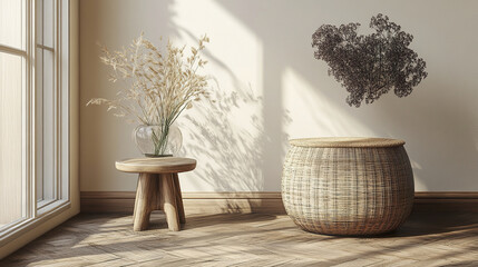 serene interior featuring wooden side table and woven basket, complemented by dried flowers
