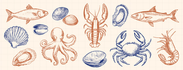 Vintage seafood illustration collection, element vector set