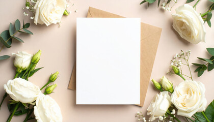 Blank card brown envelope white rose green leaf floral arrangement romantic wedding invitation greeting celebration. blank card and brown envelope surrounded by white roses and green leaves beige